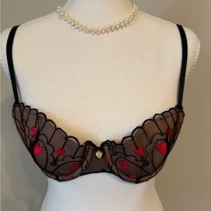 Victoria's Secret Black Mesh Underwire Bra with Red Heart Embroidery-Adore Me